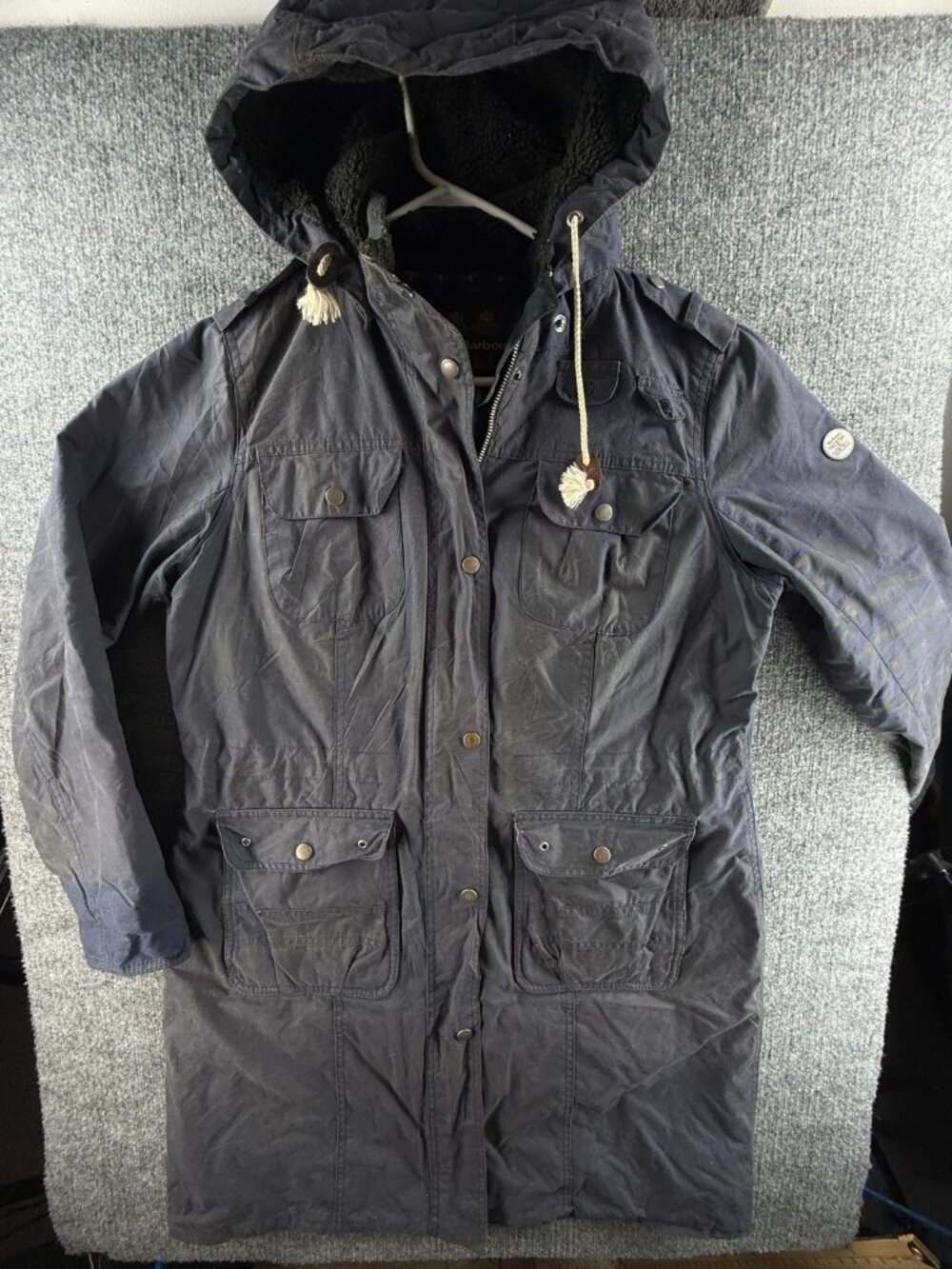 Barbour Winterton Wax Jacket Women Blue Full Zip Hooded Size 12 USA Long Adult